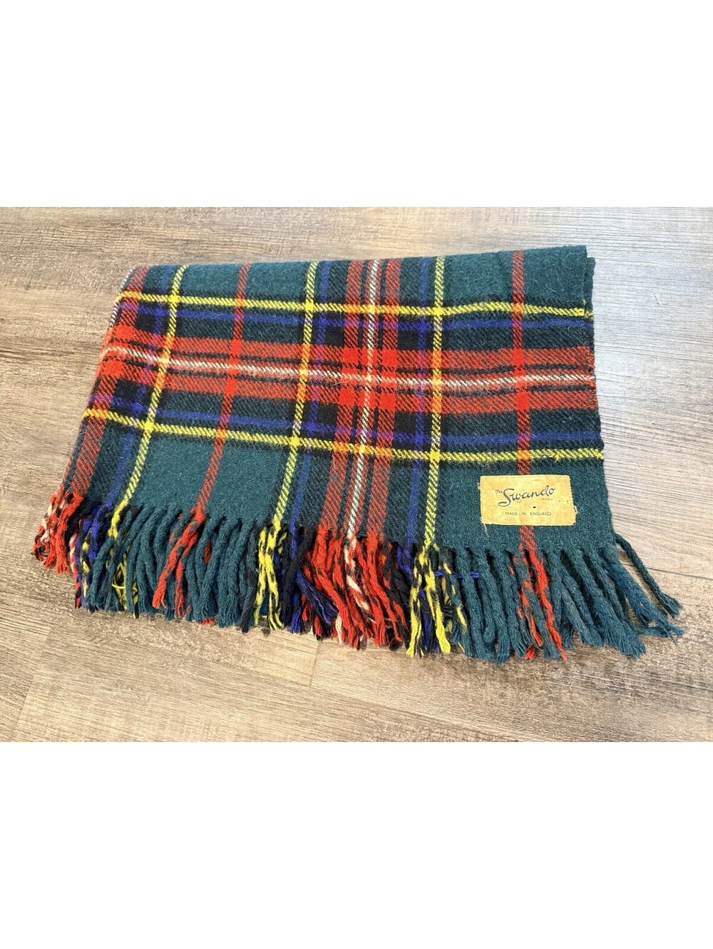 Vintage SWANDO Blanket 100% Wool Multicolour Plaid Fringed Throw British Made
